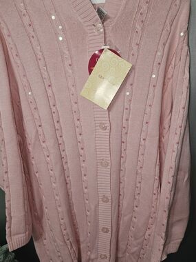 Quacker Factory Pink Cable Knit Button-Front Women's Sweater
